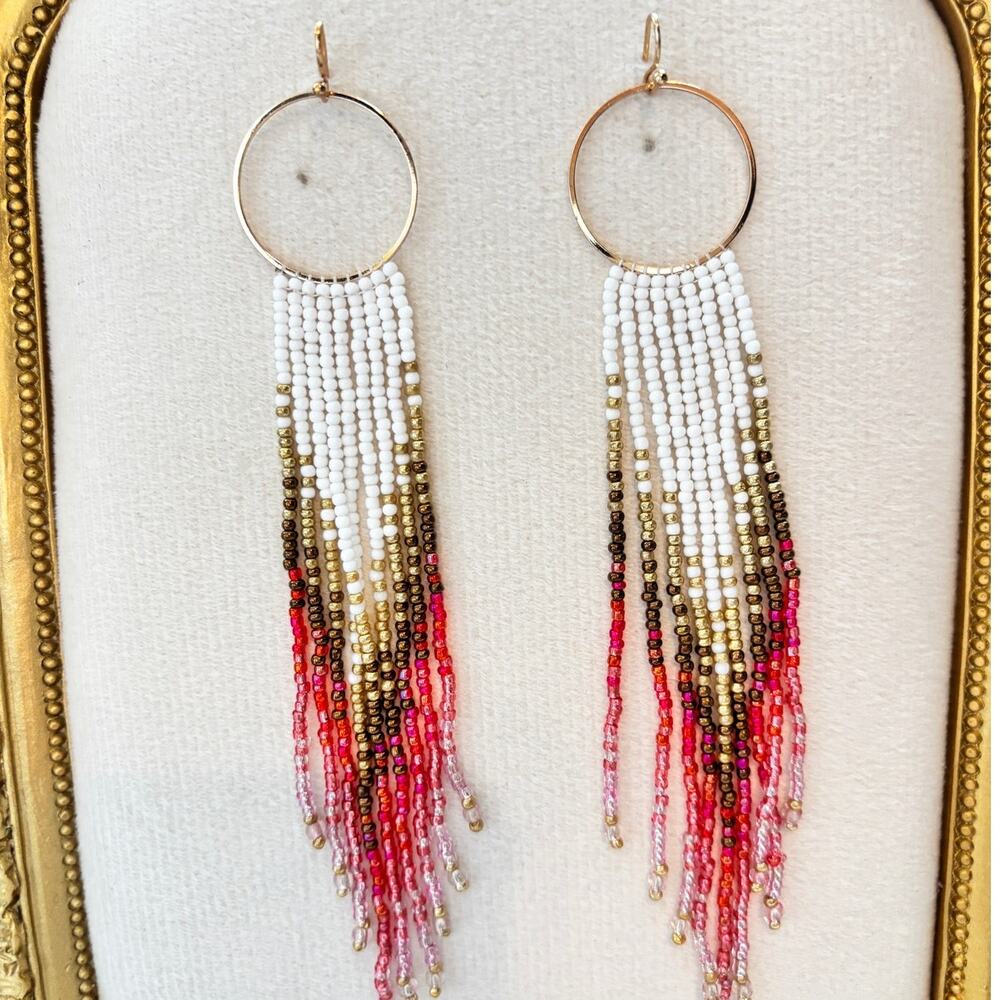 Boho Beaded Fringe Hoop Earrings PINK White Gold Dangle NWOT - Picture 2 of 2